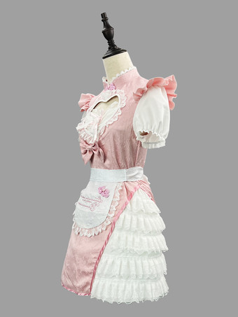 スイートロリータドレス ジャカード 半袖 レース ピンク ロリータドレス