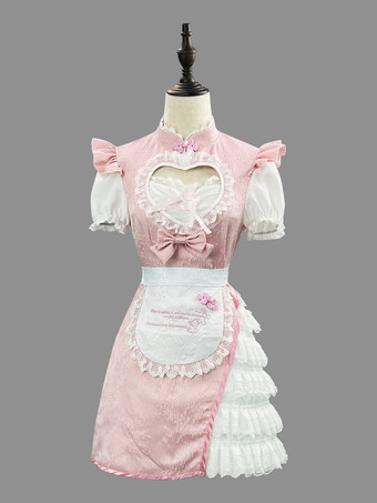 ピンクスイートロリータドレス ジャカード 半袖 レース ピンク ロリータドレス