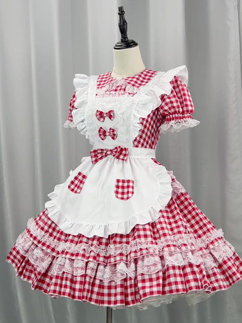 スイートロリータドレス ポリエステル 半袖 レースエプロン スイートレッドロリータドレス