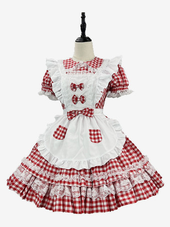 スイートロリータドレス ポリエステル 半袖 レースエプロン スイートレッドロリータドレス