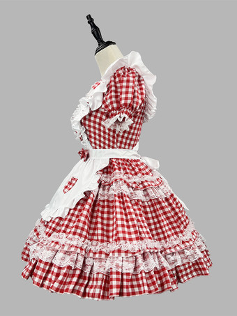 スイートロリータドレス ポリエステル 半袖 レースエプロン スイートレッドロリータドレス