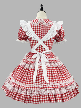 スイートロリータドレス ポリエステル 半袖 レースエプロン スイートレッドロリータドレス