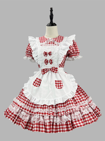 レッド スイートロリータドレス ポリエステル 半袖 レースエプロン スイートレッドロリータドレス