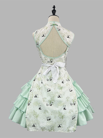 中国風ロリータ衣装 グリーンフリルパンダノースリーブスカートマントエプロンセット