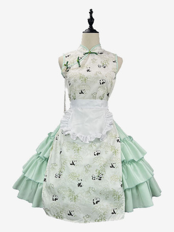 中国風ロリータ衣装 グリーンフリルパンダノースリーブスカートマントエプロンセット