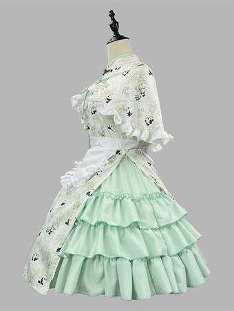 中国風ロリータ衣装 グリーンフリルパンダノースリーブスカートマントエプロンセット