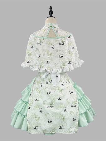 中国風ロリータ衣装 グリーンフリルパンダノースリーブスカートマントエプロンセット