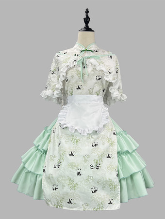 グリーン 中国風ロリータ衣装 グリーンフリルパンダノースリーブスカートマントエプロンセット