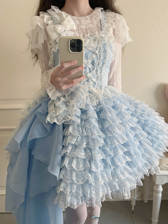 ライトスカイブルー姫スイートロリータドレス ポリエステル ノースリーブ ティアード スイートジャンパー アプリコット ロリータドレス