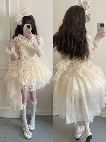 姫スイートロリータドレス ポリエステル ノースリーブ ティアード スイートジャンパー アプリコット ロリータドレス