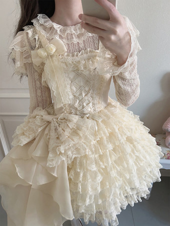 アプリコット姫スイートロリータドレス ポリエステル ノースリーブ ティアード スイートジャンパー アプリコット ロリータドレス