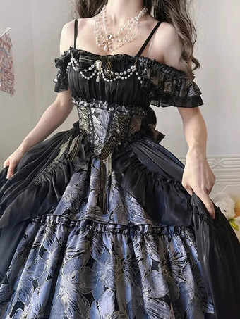 クラシカルロリータドレス JSK ゴシックロリータドレス リボン花柄スリップドレス