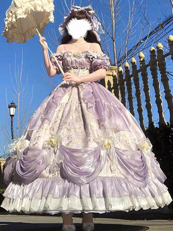 ライラックカラークラシカルロリータドレス JSK ゴシックロリータドレス リボン花柄スリップドレス