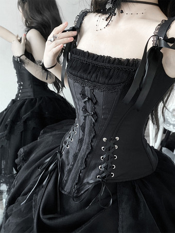 ゴシックロリータ 2ピース レースアップ ビスチェとレーストリム ハイロースカート