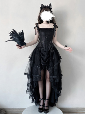 ゴシックロリータ 2ピース レースアップ ビスチェとレーストリム ハイロースカート