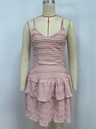 レースフリルミディ丈スリップドレス（Vネック、レイヤードスカート付き）2025