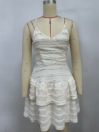 レースフリルミディ丈スリップドレス（Vネック、レイヤードスカート付き）2025