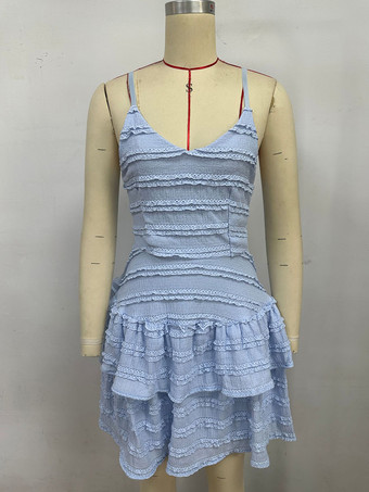 レースフリルミディ丈スリップドレス（Vネック、レイヤードスカート付き）2025