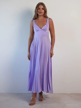 Ärmelloses plissiertes Maxikleid mit V-Ausschnitt 2025