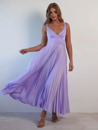 Ärmelloses plissiertes Maxikleid mit V-Ausschnitt 2025