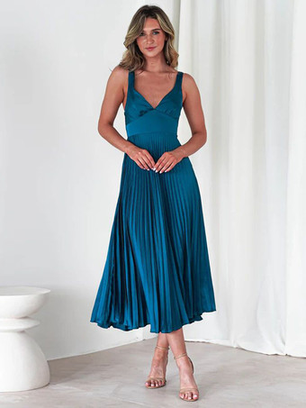 Ärmelloses plissiertes Maxikleid mit V-Ausschnitt 2025