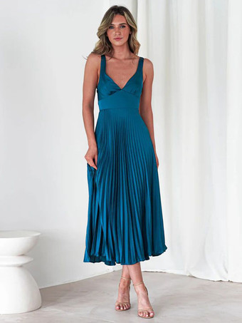 Dunkelblau Ärmelloses plissiertes Maxikleid mit V-Ausschnitt 2025