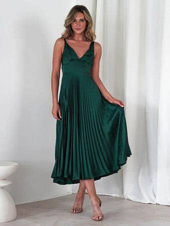 Ärmelloses plissiertes Maxikleid mit V-Ausschnitt 2025