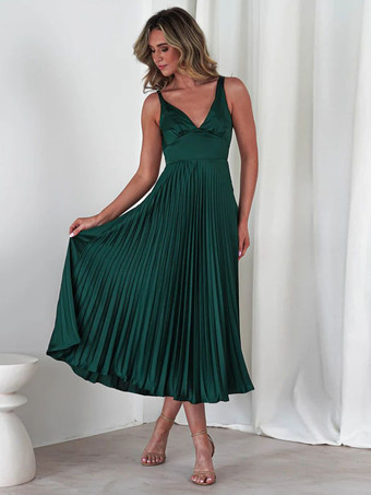 Ärmelloses plissiertes Maxikleid mit V-Ausschnitt 2025
