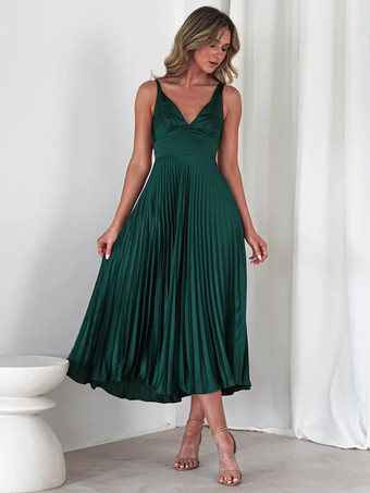 DunkelgrünÄrmelloses plissiertes Maxikleid mit V-Ausschnitt 2025