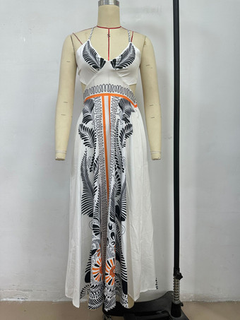 Vネックとオープンバックのボヘミアンプリントマキシスリップドレス 2025