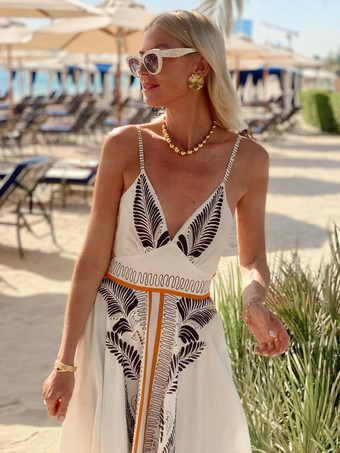 Vネックとオープンバックのボヘミアンプリントマキシスリップドレス 2025