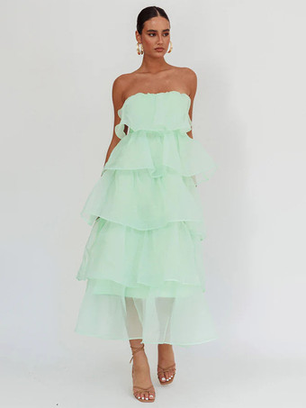 グリーン 2026年夏のパーティーにぴったりな、ソフトピンクのフリル付きレイヤードマキシドレス