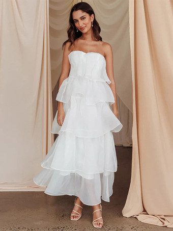 ホワイト 2026年夏のパーティーにぴったりな、ソフトピンクのフリル付きレイヤードマキシドレス