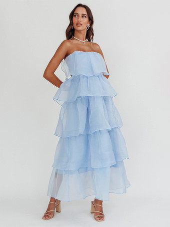 ライトスカイブルー2026年夏のパーティーにぴったりな、ソフトピンクのフリル付きレイヤードマキシドレス