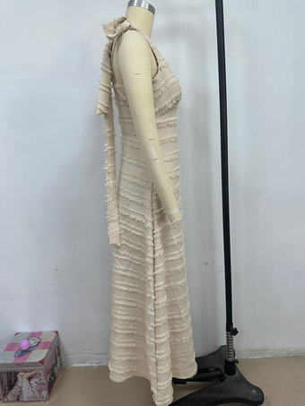 2025年夏向け、リボンショルダーストラップ付きノースリーブVネックレイヤードロングドレス