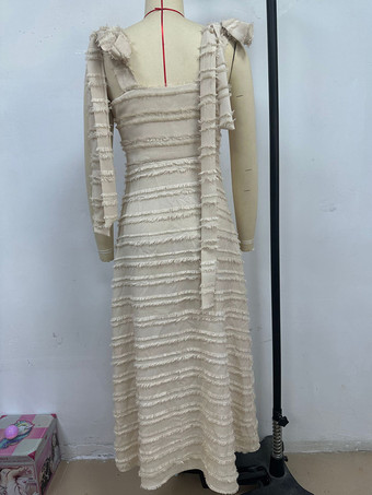 2025年夏向け、リボンショルダーストラップ付きノースリーブVネックレイヤードロングドレス