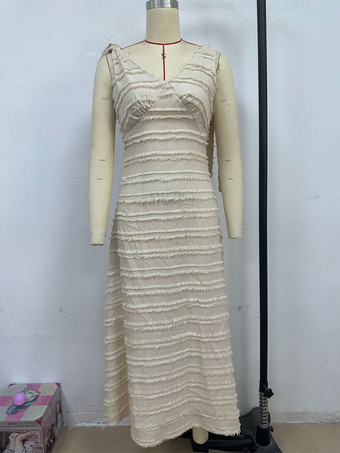 2025年夏向け、リボンショルダーストラップ付きノースリーブVネックレイヤードロングドレス