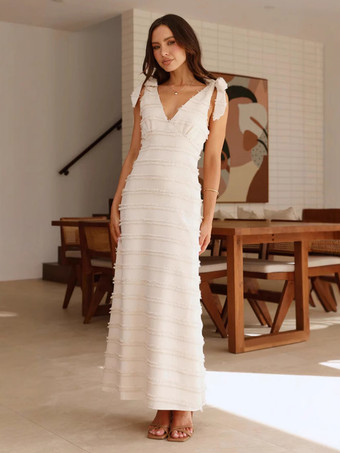 2025年夏向け、リボンショルダーストラップ付きノースリーブVネックレイヤードロングドレス