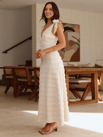 2025年夏向け、リボンショルダーストラップ付きノースリーブVネックレイヤードロングドレス