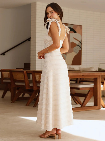 2025年夏向け、リボンショルダーストラップ付きノースリーブVネックレイヤードロングドレス
