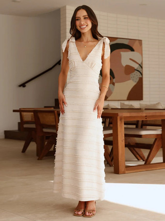 アプリコット2025年夏向け、リボンショルダーストラップ付きノースリーブVネックレイヤードロングドレス