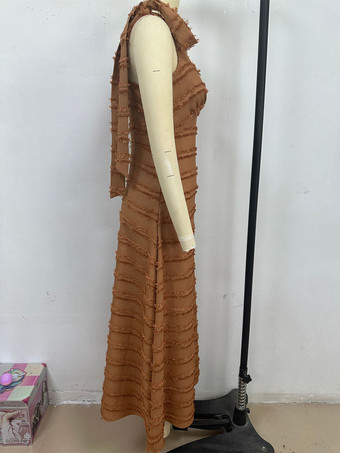 2025年夏向け、リボンショルダーストラップ付きノースリーブVネックレイヤードロングドレス