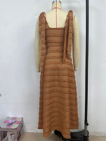 2025年夏向け、リボンショルダーストラップ付きノースリーブVネックレイヤードロングドレス