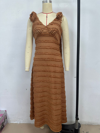 2025年夏向け、リボンショルダーストラップ付きノースリーブVネックレイヤードロングドレス