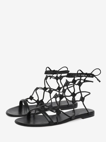 PUブラックレディース ブラック フラットサンダル オープントゥ レースアップ サンダル フラット