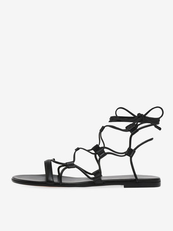 レディース ブラック フラットサンダル オープントゥ レースアップ サンダル フラット