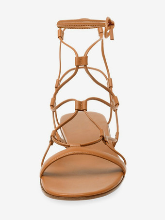 レディース ブラック フラットサンダル オープントゥ レースアップ サンダル フラット