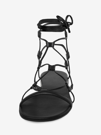 レディース ブラック フラットサンダル オープントゥ レースアップ サンダル フラット