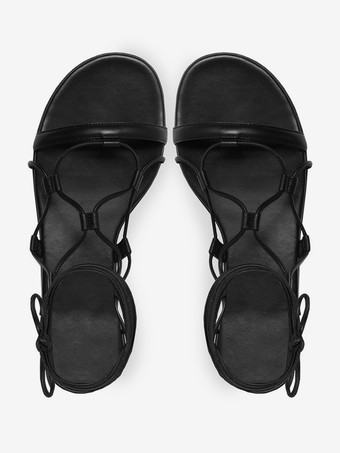 レディース ブラック フラットサンダル オープントゥ レースアップ サンダル フラット