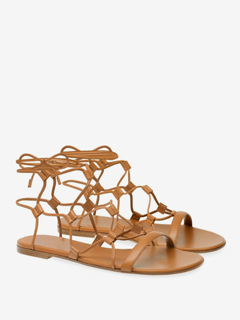 ブラウンレディース ブラック フラットサンダル オープントゥ レースアップ サンダル フラット